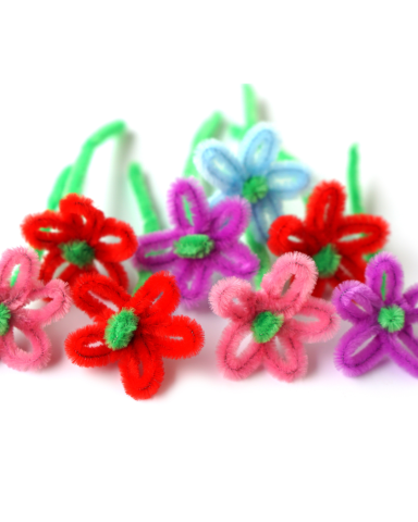 Red, Purple, pink, and one blue pipe cleaner flowers with green stems