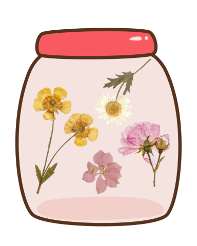 Cartoon jar with red lid and colorful pressed flowers on the front of it