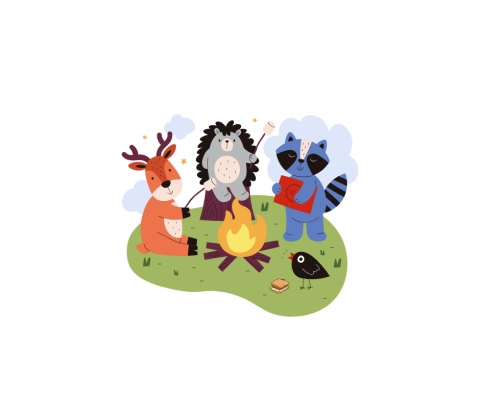 A deer, a hedgehog, a raccoon and a bird gather around a campfire.