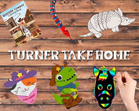 A graphic showing our Western Week Crafts: Cowboy Coloring Book, Wood Wiggle Snake, Armadillo, Cowboy Kitty, Western Dino, and Rainbow Horse Scratcher.