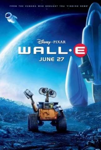 The robot Wall-E waving standing on an empty planet with another robot flying in the back over the outline of another circular planet.