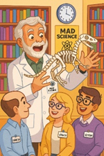 Man with white hair and white beard holding a dinosaur skeleton in a library with books in the background.