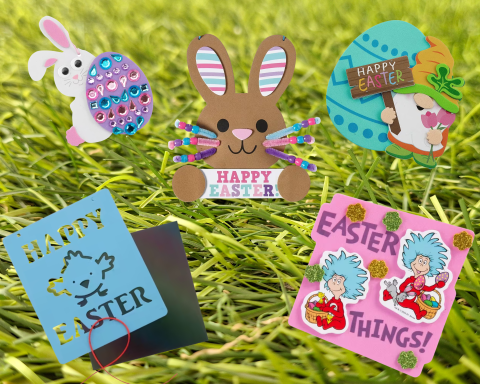 A graphic showing crafts that consist of a Gemstone Bunny, Easter Gnome, Thing 1 & 2 Easter Craft, Beaded Whisker Bunny, and Easter Scratcher Sign.