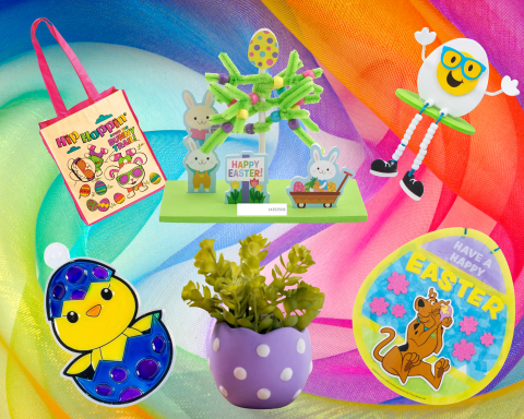 A graphic showing off crafts that consists of a Chenille Easter Tree, Beaded Egg Buddy, Scooby Doo Sign, Easter Animal, Hip Hop Bag, and a Painted Egg Planter.