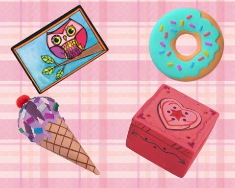 A graphic showing our mixed-up crafts that consists of a 3D Paper Ice Cream Cone, Ceramic Donut, DIY Velvet Art, and I Love Trinket Box.