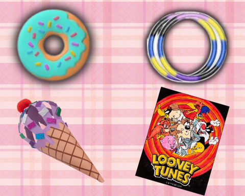 A graphic showing our mixed-up crafts that consists of a 3D Paper Ice Cream Cone, Ceramic Donut, Looney Tunes Poster, and Sand Art Bracelet.