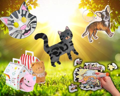 A graphic showing off the crafts that are Sew a Dog or Cat, Cat Mask, Dog Keychain, Adopt a Cat, and Dogman Puzzle. 