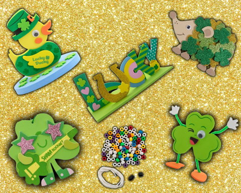 A graphic showing the St. Patrick's Day crafts that consist of a Lucky Ducky, Glitter Clover Hedgehog, Shamrockstar, Rainbow Necklace, and Clover Buddy. 