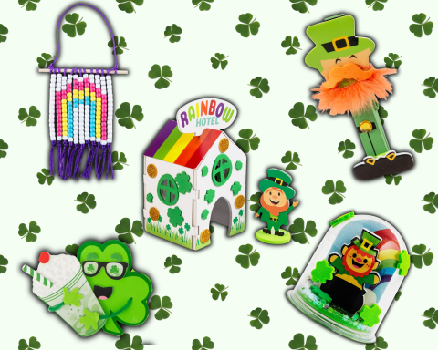 A graphic showing our lucky leprechaun crafts that consists of a Beaded Rainbow, Bearded Clothespin Leprechaun, St. Patrick's Glitter Globe, Rainbow Hotel, and Matcha Clover Craft.  