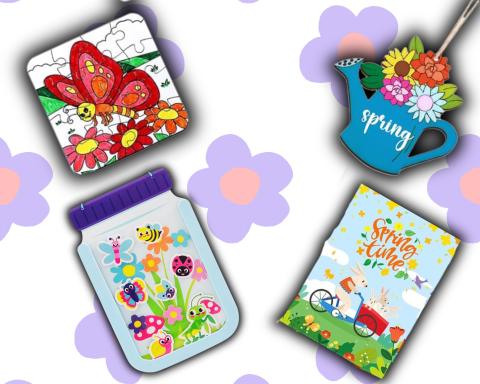 A graphic showing of some Splendid Spring Crafts that are Spring Time Coloring Book, Bug Jar Craft, Spring Puzzle, and Springy Ornament.