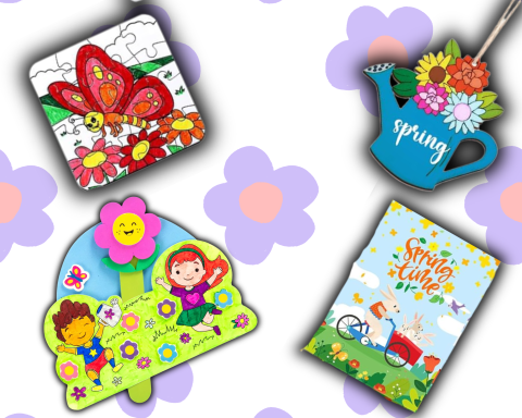 A graphic showing of some Splendid Spring Crafts that are Spring Time Coloring Book, Pop Up Flower, Spring Puzzle, and Springy Ornament.
