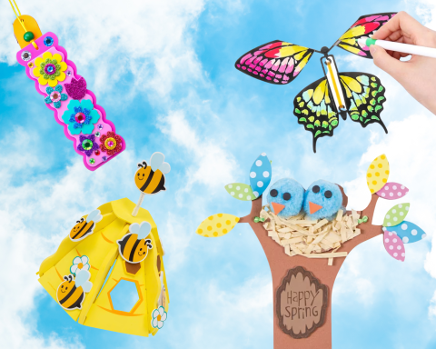 A graphic showing of some Splendid Spring Crafts that are Spring Time Coloring Book, Pop Up Flower, Spring Puzzle, and Springy Ornament.