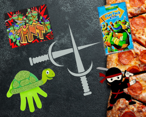 A graphic showing a Velvet Teenage Mutant Ninja Turtle Poster, Paint a Wooden Ninja, Mutant Ninja Turtle Activity Pack, and Handprint Turtle.