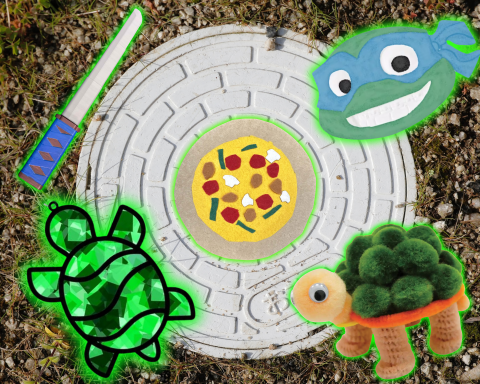 A graphic showing crafts like a plastic Mini Kitana, Cowabunga Felt Pizza, Paint a Ceramic Mutant Ninja Turtle, and Pom Pom Turtle, and Tissue Paper Turtle.