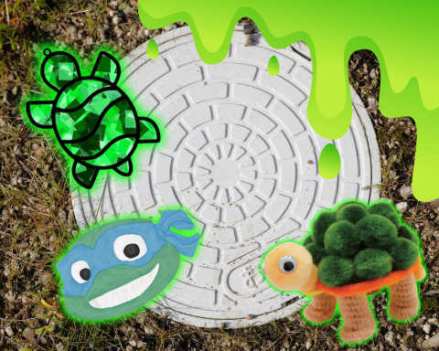 A graphic showing crafts that consist of Paint a Ceramic Mutant Ninja Turtle, Pom Pom Turtle, and Tissue Paper Turtle.