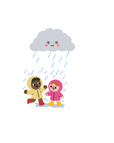 Children dressed in rain coats and boots play beneath a happy rain cloud