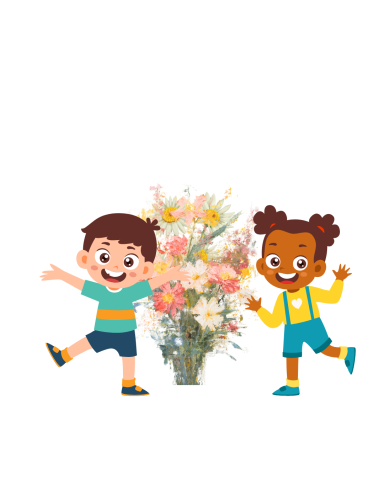 boy and girl stand next to flowers