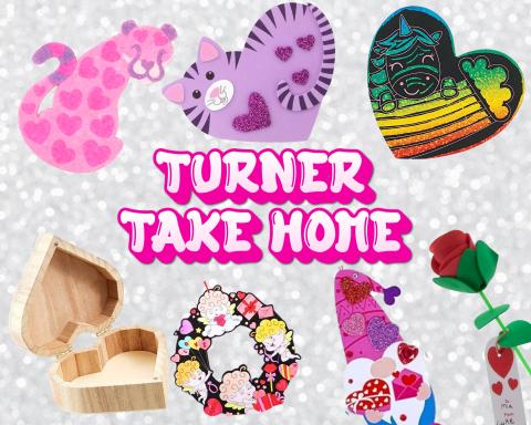 A graphic showing take home crafts: Paint a Valentine Heart, Unicorn Heart Scratcher, V-Day Gnome, Foam Rose, I Love Cats, and Valentine's Day Animal Sand Art.