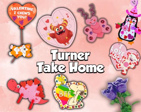 A graphic showing Take Home Crafts: Building Block Flower, Snoopy Valentine Magnet, Luv Bug, Valentine's Day Penguin, I Love Moo Craft, Heart Dino, and I Choose You Craft.