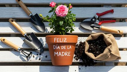 Pot, dirt, gardening tools and flower -. To celebrate Mother's Day. 