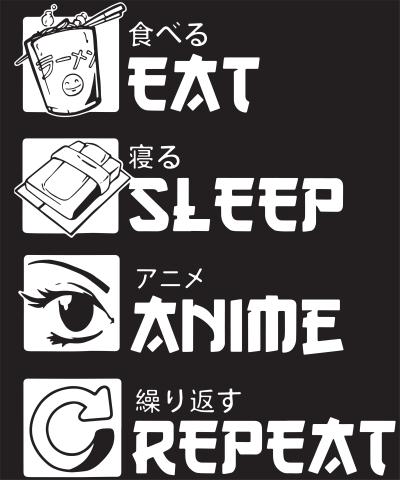 Black background with the words eat, sleep, anime, and repeat in white font.