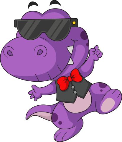 Purple dinosaurs with sunglasses, red bow tie, and black vest standing on one foot, arms extended, dancing.