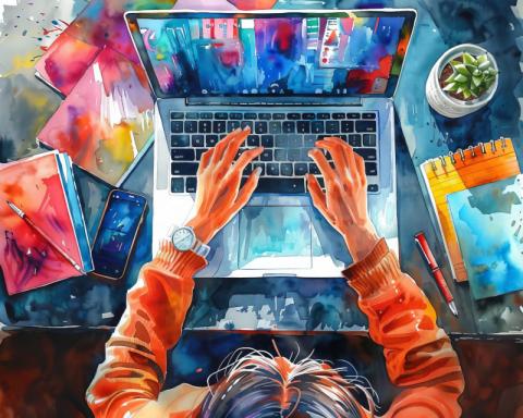 Artistically rendered image of a woman's hands on a laptop keyboard, surrounded by art supplies and notebooks.
