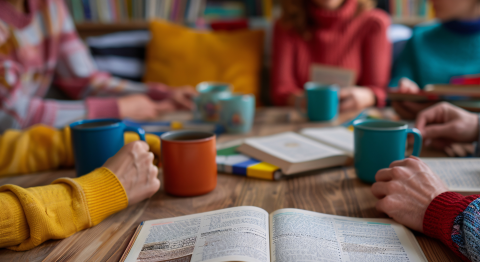 A group of people participating in a book club meeting, discussing educational literature, with coffee mugs and books on the table, in a cozy and inviting setting.