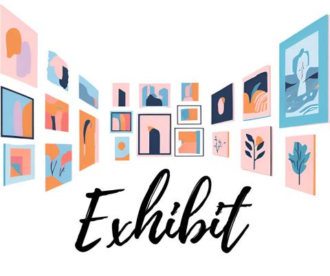 Art Exhibit graphic with walls of framed art displayed