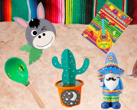 A graphic with a background showing a dirt wall with a sarape draping it. Atop the background are crafts: a person's hand painting a Sombrero Gnome, a 3D Wood Cactus, a Silly Donkey Paper Plate Craft, a Wood Maraca, a Fun Fiesta Coloring Book. 