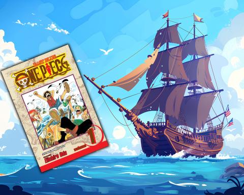 A graphic showing a pirate ship surrounded by water and a picture of the graphic novel One Piece Vol. 1.