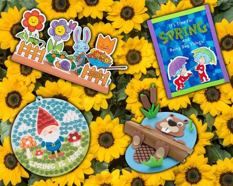 A graphic showing the crafts: Foam Beaver, 3D Garden, Rainy Day Dr. Seuss Craft, and Mosaic Gnome on a sunflower background.