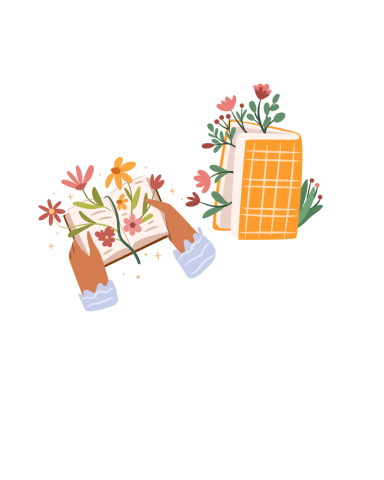 Hands holding open book with flowers growing out if it. Closed book with flowers peeking out