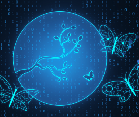 digital drawing of teal butterflies and a plant, on a black background with binary code.