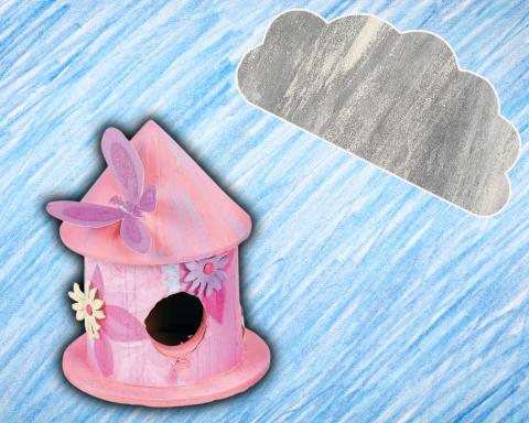 A graphic with a blue pencil drawn background with a grey cloud and a wooden birdhouse painted pink that is adorn with butterflies and flowers.