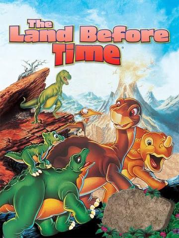 a group of different young dinosaurs with a volcano in the background