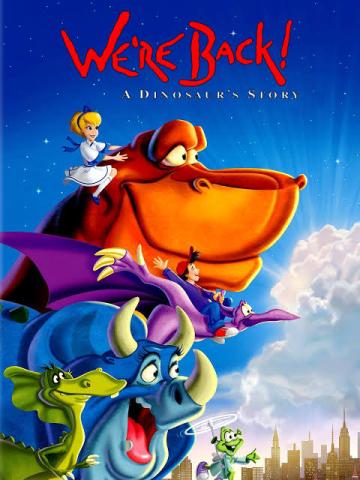 group of dinosaurs against a blue sky with a modern girl riding the t-rex