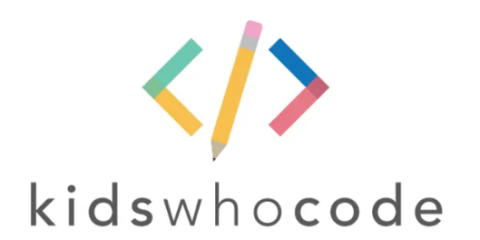 Kids Who Code written out with a left carrot symbol, slash symbol as a pencil, and a right arrow carrot symbol