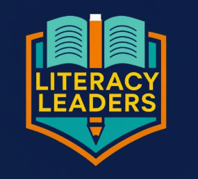 Blue book with black lines; an orange pencil down the middle of the book. Literacy Leaders written in yellow lettering.