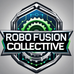 Gray, blue, and green shield with the words, "Robo Fusion Collective" in the middle.