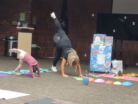One adult, hands and one foot on floor, left leg extended toward ceiling. One child, hands and one foot on floor, left leg extended toward the ceiling. Poster of winter animals. Yoga mats on floor.