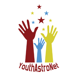 Three hands, red, blue, and yellow reaching upward toward seven stars, red, blue, and yellow. Youth Astro Net is below the hands, written out.