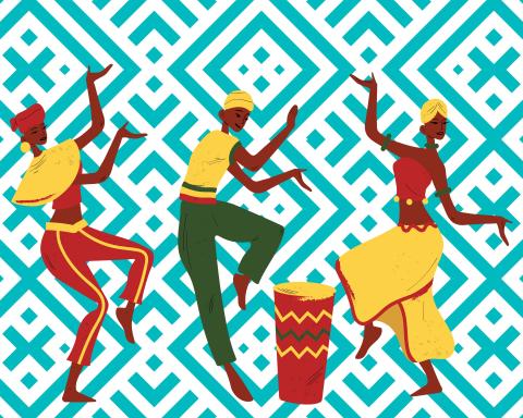 A patterned background show African dancers moving around a drum. 