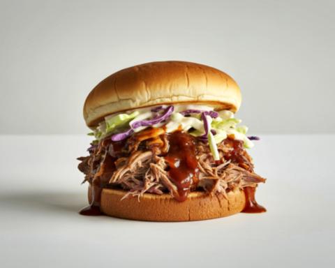 A juicy shredded bbq chicken sandwich on a brioche bun. It is topped with bbq sauce and coleslaw.