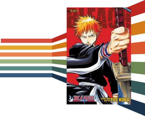 Against a colorful lined background is a copy of the manga Bleach Vol. 1-3.