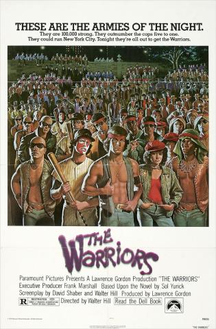 Poster for the film The Warriors.  The title is displayed in purple font against a white background.  Above it is a picture showing multiple gang members of various appearance going back to the horizon line.