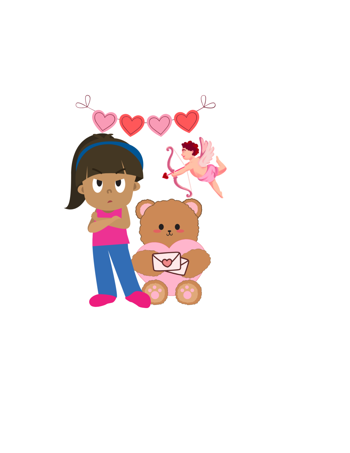 Grumpy girl stands next to Valentines Day decorations