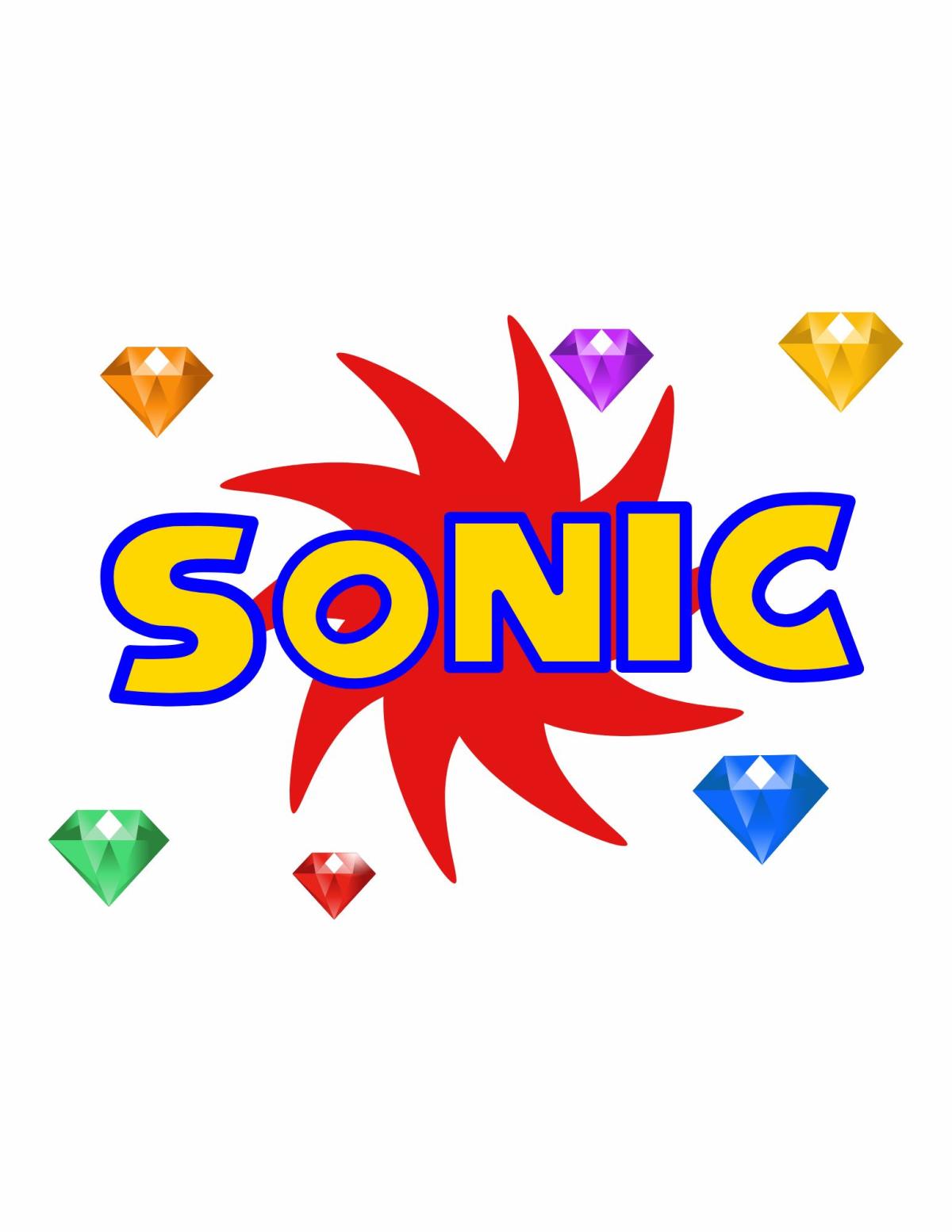Image says the word Sonic with emeralds surrounding it.