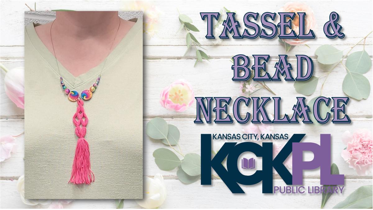 tassel and bead necklace on a floral background