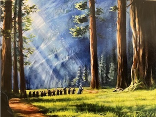 Oil painting depicting Gandalf escorting dwarves across forest 